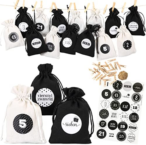Papierdrachen 24 Adventskalender Stoffsäckchen zum Befüllen - mit Zahlenaufklebern von 1-24 - Stoffbeutel zum selber Dekorieren - Geschenksäckchen - Schwarz Weiß Set Nr 29