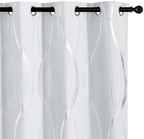 PONY DANCE Tende per Interni Bianche Tende Salotto Moderne 2 Pezzi L 140 x A 245 cm Tende Oscuranti con Anelli Tende Moderne con Motivo Curva Argento, Bianco Grigiastro