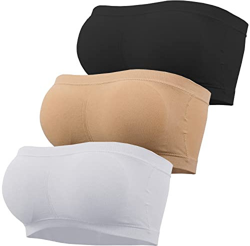 GXIN 3 Piece Women Bandeau Bra Padded Non-Slip Strapless Bras Seamless Ladies Wireless Bralette Bandeau Tube Tops (UK, Alpha, L, Regular, Regular, Standard, Black, White, Skin Color)