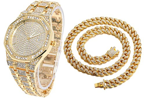 Halukakah Diamant Golduhr, Herren 18K Echt Vergoldet 40MM Breite Achteckig Rund Wählen Quarz Armband 22cm mit Kubanischer Link Kette 45cm Halskette Set, mit Geschenkbox