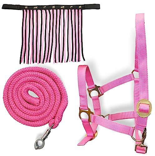 Halfter für Pferde mit Führstrick & Fliegenfransen Pferd, Halfter mit Strick - Halfter Pony Shetty Halfter Cob Full Kb (Vollblut (Cob), Schwarz-Pink + Pink)
