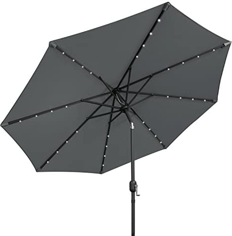 GardenKraft 14089 2.7m Outdoor Garden Parasol with 32 Solar LED Lights/Tilt & Crank Mechanism/Steel, Aluminium & Polyester Material/UV 30 Protection/Charcoal Colour