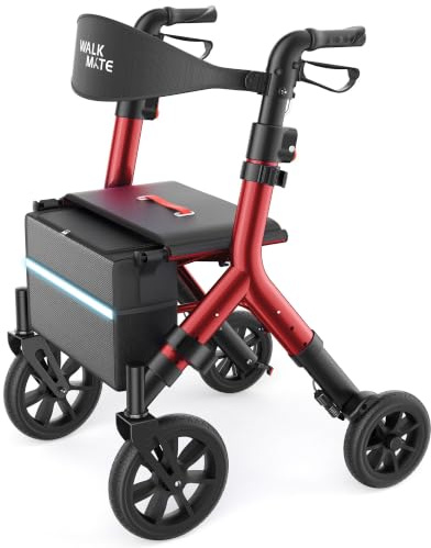 WALK MATE Rollator Faltbar und Leicht mit Sitz für Große Menschen bis 2m | Rollator für große menschen,Höhenverstellbar,25cm Reifen und Versteckten Bremskabeln für Senioren, Aluminium