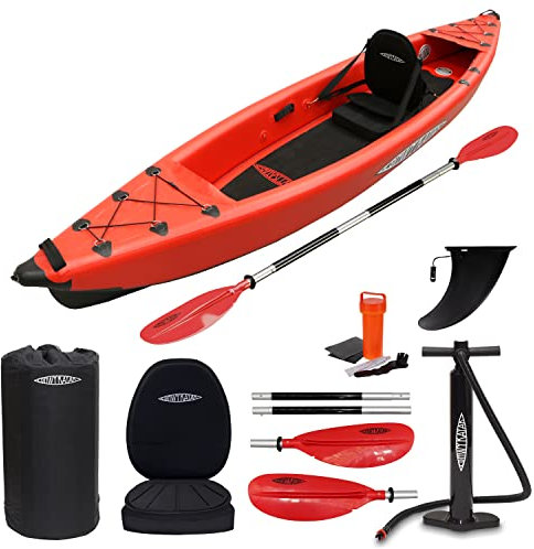 Conwy Kayak Tegid Single Person Inflatable Kayak - One Man Drop Stitch Canoe For River, Sea - Full Kit Including Kayak Paddle Seat Pump Carry Backpack Fin and Repair Kit, Red, 3.2m x 0.8m x 0.3m