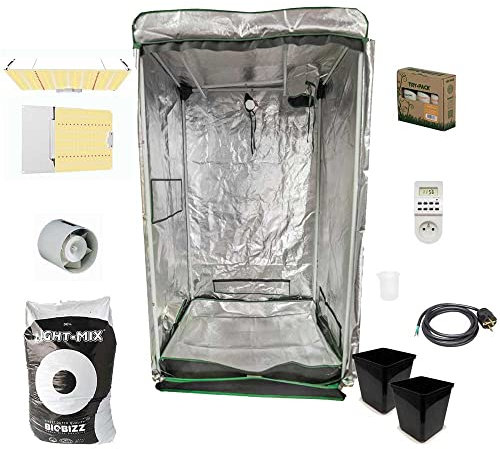 Kit Completo Tenda Coltivazione Idroponica - GrowBox 60x60x140 - Quantum Led 65W a basso Consumo - Estrattore Tubo 125 - Inclusi Fertilizzanti e Vasi