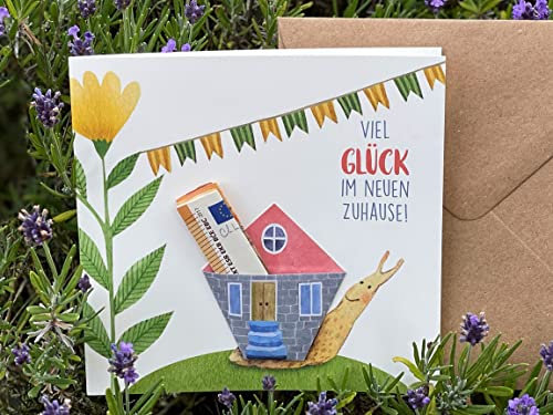 Geldgeschenk-Karte zum Umzug, Hausbau, neue Wohnung, Schnecke mit Geldhaus