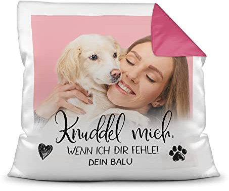 PfotenSchild Personalisiertes Foto-Kissen mit Füllung - Knuddel Mich, wenn ich dir fehle - mit Namen selbst gestalten - für Hunde, Katzen und andere Haustiere | Rückseite Pink