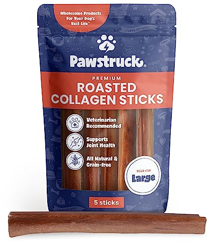 Pawstruck All Natural 11-12 Roasted Collagen Sticks for Dogs – Low Odor & Long-Lasting Bully Stick & Rawhide Alternative, Single Ingredient, Vet Approved – 5 Pack