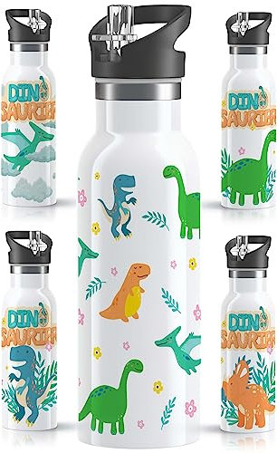 OWLBOOK® Dino Edelstahl Trinkflasche Kinder | Wasserflasche mit Strohhalm | 600 ml | Sportdeckel | Spülmaschinenfest | Schule Sport | Schulanfang Jungen Geschenke Einschulung Junge | Baby Dinos