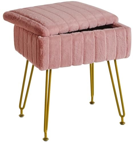 IBUYKE Stool Chair with Storage Space, Footrest Footstool Ottoman, Small Side Table, with 4 Metal Legs, with Anti-Slip Feet, for Makeup Room, Bedroom, Faux Fur, Pink L/G-50P