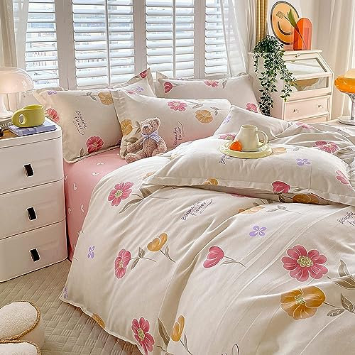 Yaofeiou Rosa Gelb Blume Bettwäsche 135x200 Bunt Floral Bettwäsche für Mädchen Frauen Blumenmuster Bettbezug Einzelbett Mikrofaser Wendebettwäsche mit Reißverschluss und 1 Kissenbezug 80x80