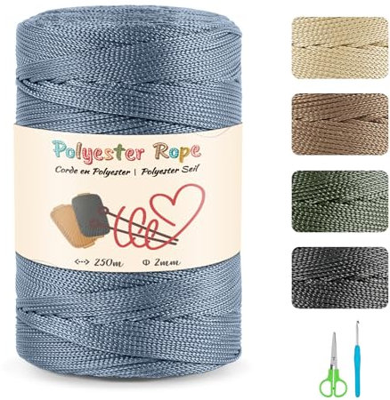 Estcoo Corde en Polyester, 250m Fil de Crochet, Corde en Premium Polypropylène avec des Ciseaux et des Crochet, pour Travaux Manuels, Déco de Maison,Assiettes de Table, Sac à Main, Bleu Foncé