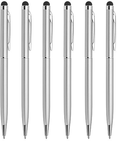 QUARKZMAN 6pcs Métal Stylet Stylo Bille Stylo 2 en 1 Universel Rétractable Encre avec Stylets Conseils pour Tous Capacitif Tactile Écran Appareil, Argent