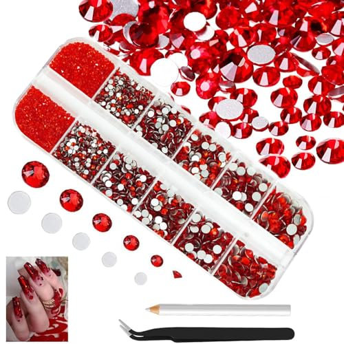 Rhinestones Nail Gems for Nail Art Glass Crystals Nail Rhinestones Shiny Multi Shape Flatback Face Gems with Rhinestones Picker and Tweezers Nail Art Tools (1 box of red nail diamonds)