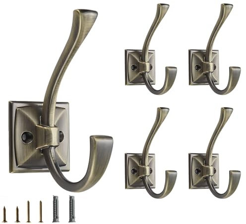 CABDM 5 Pack Decorative Heavy Duty Towel Hooks for Hanging Robe Double Brushed Antique Brass Coat Hooks Wall Mounted with Screws for Key, Towel, Bags, Cup, Hat