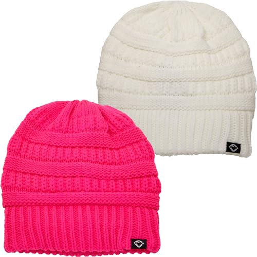 Funky Junque Satin gefütterte Beanie-Mützen für Frauen, Slouchy Zopfstrick, Seide, Totenkopfmütze, Strick, Winter, grob, übergroß, 2er-Pack: Hot Pink & Weiß, Einheitsgröße