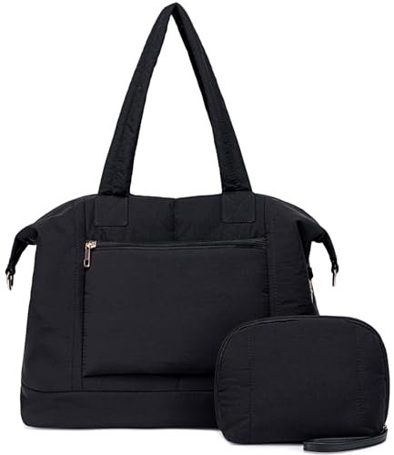 Bluboon Weekender-Tasche für Damen, Puffer-Tragetasche mit Reißverschluss, Handgepäck, Flughafentasche, Winter, Schultertaschen für Reisen, Arbeit, Puffer Black, 15.7 inches x 9.8 inches x 5.1 inches,
