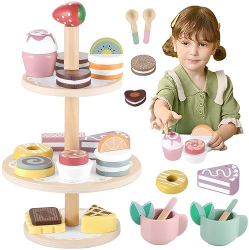 GAGAKU Soporte de Postre de Pastel de Madera Juego de Fiesta de té de Madera para niñas pequeñas Juego de té de la Tarde Fiesta de Madera de Juego de simulación de Juguetes de Alimentos