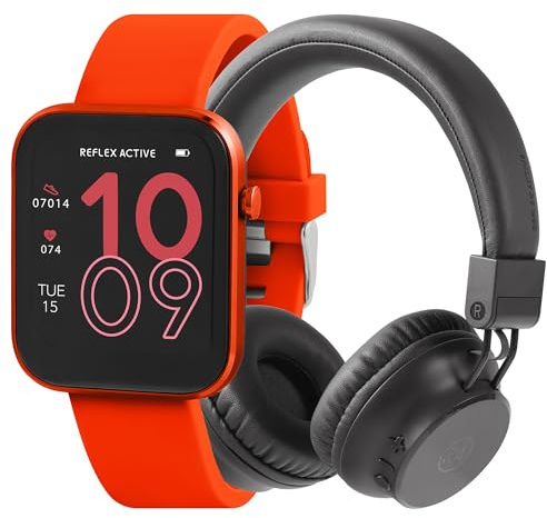 Reflex Active Series 12 Smart Watch mit rotem Armband und kabellosen, faltbaren On-Ear-Kopfhörern mit eingebautem Mikrofon, Geschenkset