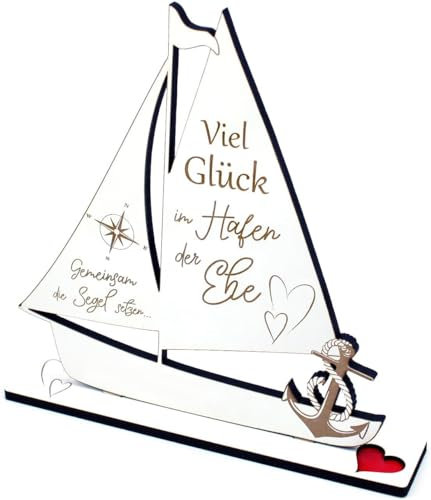 Dekolando Hochzeitsgeschenk für Brautpaar Geschenk Hochzeit Geldgeschenk Schiff - Viel Glück im Hafen der Ehe - graviert weiß Holz 19 x 20 cm