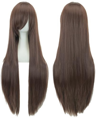 IMISSU 80 cm langes glattes Naturhaar Cosplay Perücken mit Pony Bunt Halloween Kostüm Party Perücke Haarverlängerungen (Dunkelbraun)