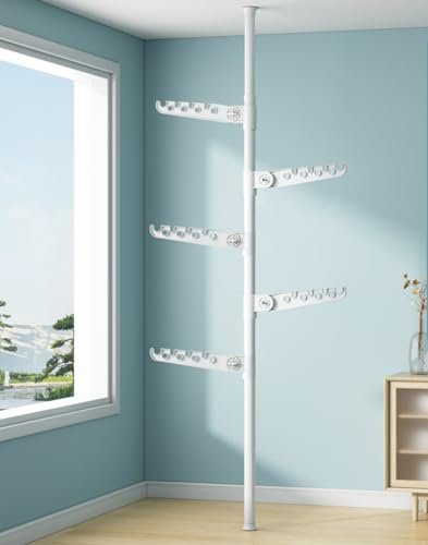 JONASHER 5-Tier Clothes Drying Rack Telescopic Coat Hanger Garment Stand Floor to Ceiling Laundry Pole Tension Rod Storage Organizer for Home, Balcony, Office 110-310cm