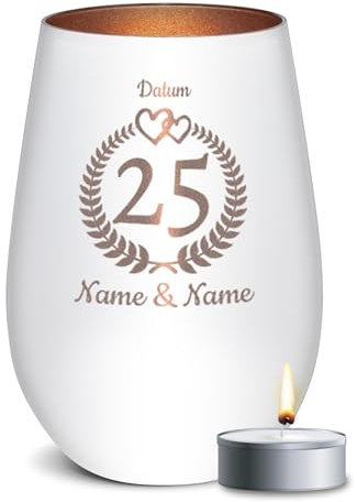 PR Print Royal Weißes Windlicht mit Gravur zur Silberhochzeit - 25 Jahre - mit Namen & Datum - Hochzeitsgeschenk, Geschenk Silberhochzeit | inkl. Teelicht, 450 ml, Innen Bronze