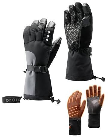 ORORO Beheizbare Handschuhe Damen Herren, 3-in-1 Elektrische Beheizte Handschuhe zum Motorrad Skifahren und Wandern - Ladegerät Nicht Enthalten (Schwarz & Grau,L)