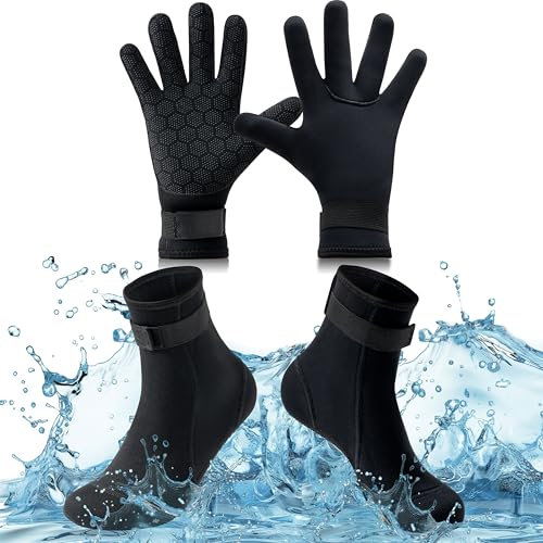 TirEurt 3mm Neoprene Gloves and Socks, Wetsuit Gloves and Socks with Adjustable Waist Strap, Thermal Anti-slip Diving Gloves and Socks Unisex Water Sports Supplies for Diving Surfing, Size M