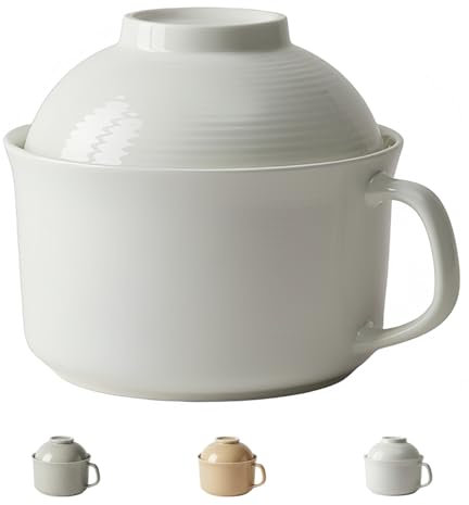 Dowbom Suppenschüssel mit Deckel, 1000 ml Rahmenschale aus Porzellan, Instant-Nudeln, Mikrowelle, große Suppentasse (weiß)