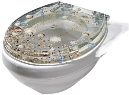 Toilettendeckel, transparenter Toilettensitz aus Kunstharz, 35,9 x 41,9 cm, robuster Toilettendeckel und Sitz, runder Toilettensitz mit Absenkautomatik und starken Edelstahlscharnieren, Muscheln