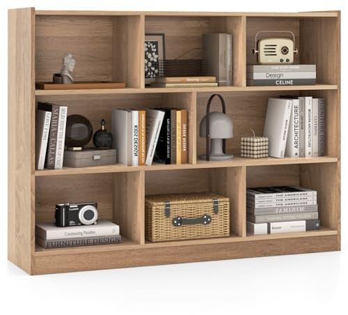 KOMFOTTEU offenes Bücherschrank, Bücherregal 3 Ebene, Standregal Aufbewahrungsschrank mit 8 Würfel, Büroregal Würfelregal Holz, Standschrank Wohnzimmerschrank für Bücher Spielzeug (Natur)