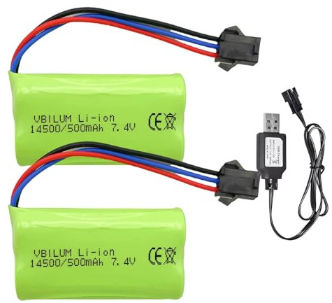 VBILUM 7,4V 500mAh 3,7Wh Batteria agli ioni di litio SM-3P Spina con cavo di ricarica USB per Auto RC MN82 Rock Crawler LC79 1/12 RC Truck 1/16 RC Drift Car Batteria per Auto Telecomandata (2 pezzi)