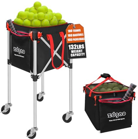 Pickleball - Canasta ligera plegable para pelotas de tenis con capacidad para 160 pelotas de pickleball con ruedas, bolsillo lateral y bolsa extraíble para entrenamiento/enseñanza, para tenis,
