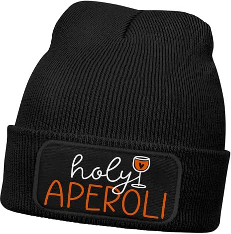 MoonWorks® Damen Beanie mit Patch Strickmütze mit Spruch Holy Aperoli Aufdruck Party Alkohol Lustig Damenmütze Schwarz Unisize