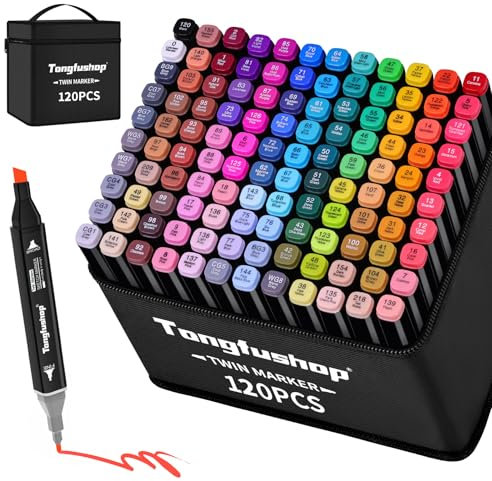 Tongfushop Filzstifte Marker Set, 120 Farben Alkohol Marker mit Feinspitze & Breitspitze, 2-Sekunden Schnelltrocknend, Alkohol Stifte mit Anti-Seepage Abstandshaltern für Malerei, Design