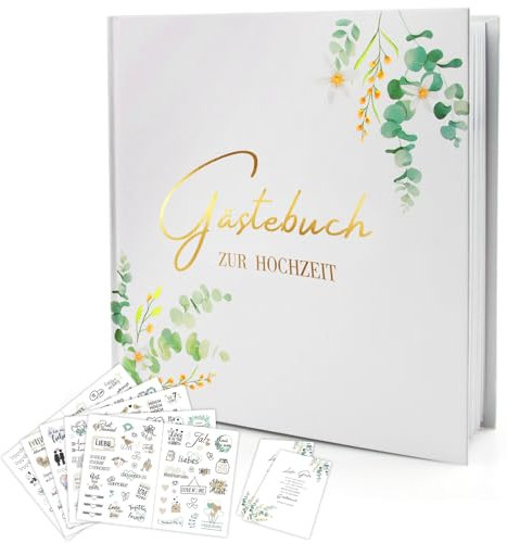 Hochwertiges Hochzeit Gästebuch Vintage, Gästebuch Blanko mit Aufkleber Hochzeit, Gästebuch zum Ausfüllen und Fotos Einkleben,Hochzeitsbuch Ideal für Brautpaar Erinnerungen,Hochzeit Deko (Eukalyptus)
