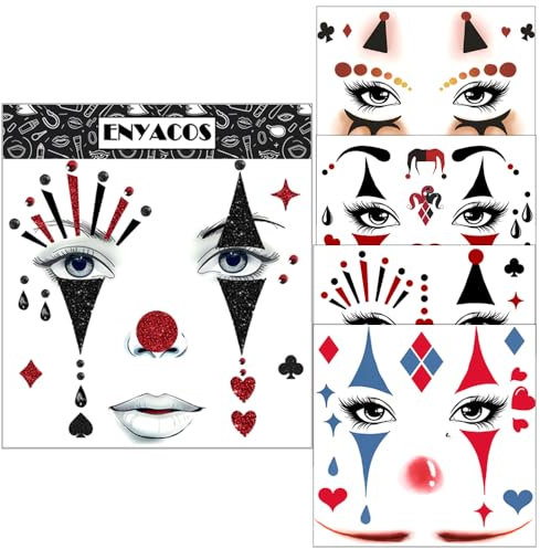 ENYACOS Clown Face Art Sticker+Gesichtstattoo Clown Gesichtstattoo Set – Glitzertattoos für Karneval, Fasching Pantomime Schminke, Harlekin Look, Aufkleber Gesicht,Clown Schminke Accessoires