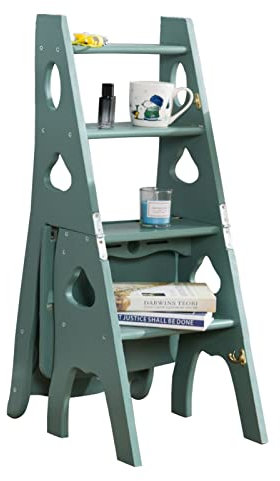 Wooden Ladder Stool 4 Steps Folding Stepladder Stairway Chair - Multipurpose Climb Ladder & Step Stool for Storage and Display - Bookshelf & Library Accessory - Ladder Chair