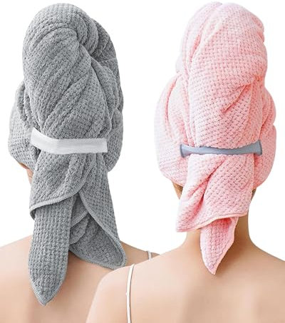 BellaGesundheit 2 turbantes de microfibra con banda elástica, 100 x 60 cm, de secado rápido y muy absorbente para cabello largo y rizado (gris y rosa)
