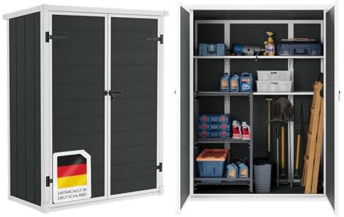 STEELSØN Novara Gerätehaus aus Kunststoff – Geräteschuppen mit 2 Regalfächern – Gartenhaus wetterfest – Hochwertige Gartenhütte Pultdach, Aluminiumrahmen – Gartengerätehalter Anthrazit 170x68x134 cm