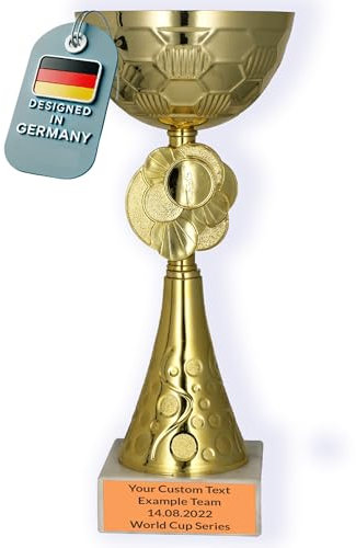 Larius Pokal (20 cm, 245g) – Personalisierbare Trophäe aus Metall mit Steinsockel – Ideal für Turniere, Fußball, Kindergeburtstage, Mannschaften & Auszeichnungen – Modell M2 (mit Wunschtext, Gold)
