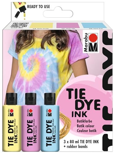 Marabu TIE DYE Ink Set, 3 x 80 ml Farbe auf Wasserbasis, inkl. Gummibänder, pastellige Batikfarbe für helle Textilien bis 20% Kunstfaseranteil, 1730000000201