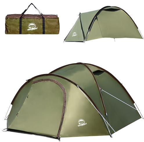 Campingzelt 3-4 Personen (doppelwandig) – leicht, stabil, wasserdicht | verdunkelter Innenraum, Moskitonetz, Fluoreszierende Abspannleine, verstärkte Heringe, Vorraum mit Bodenplane inkl. Tragetasche