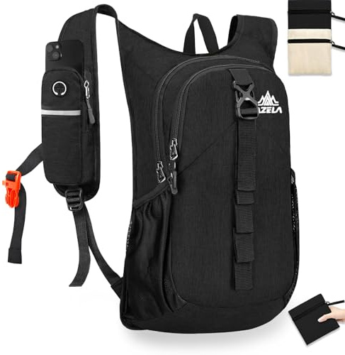 15L Wanderrucksack Wasserdicht, Faltbarer Rucksack Ultraleicht, Schwarz | Kleiner Hiking Backpack Herren Damen Fahrradrucksack Handyfach Tagesrucksack für Camping Outdoor Travel Daypack