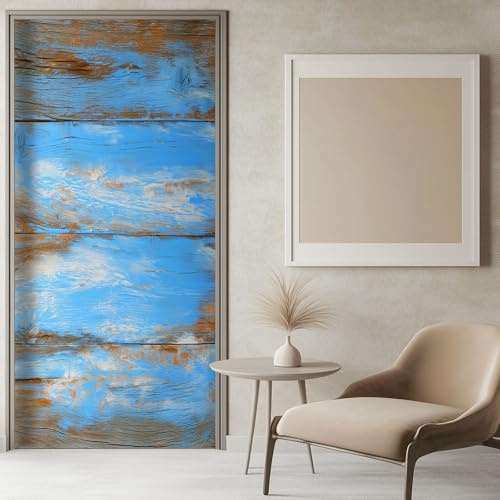 Adesivi per Porte Interne Trama di assi di legno shabby chic azzurro chiaro PVC Impermeabile Sticker Buccia e Bastone Adesivo di Porta Per la decorazione Porte Arredo Casa 85 x 210 cm