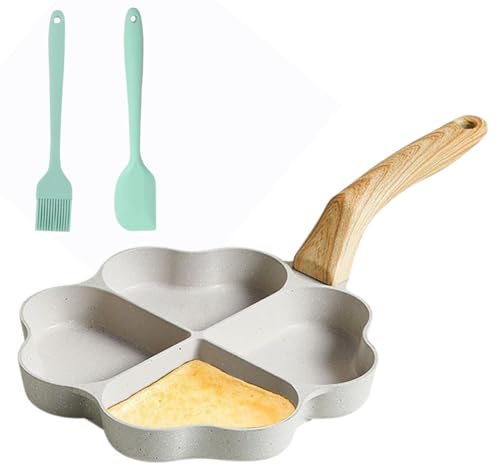 Umllpet Poêle à œufs en forme de cœur à 4 trous - Anti-adhésive - Avec spatule en silicone et brosse - Pour omelettes, saucisses, hamburgers - Blanc