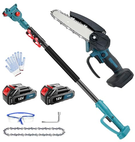 Akku Hochentaster 6 Zoll Mit 2 * 3000mAh Akku, 2-IN-1 Bürstenlose Elektrisch Astsäge kompatibel mit Makita 18V, Verstellbare Stange bis 1,5M, 180° schwenkbarer Motorkopf