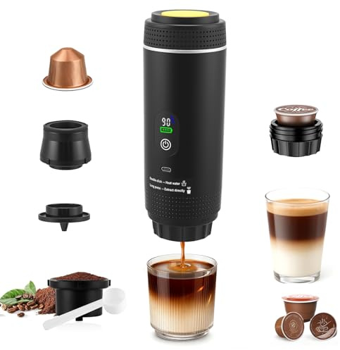 Tragbare Espressomaschine mit Akku, 3 in 1 Mini Kaffeemaschine für Unterwegs, Gemahlenem Kaffee und NS-Kapseln, Elektrischer Selbsterhitzung über USB - C, Akku Kaffeemaschine für Wohnmobil, Wandern