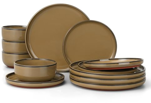 HaWare Camel Brown Dinner Set, 12 Piece Stoneware Dinnerware Service for 4, Reactive Glaze Plates and Bowls Set with Rustic Terracotta Base, Chip and Scratch Resistant, Microwave & Dishwasher Safe